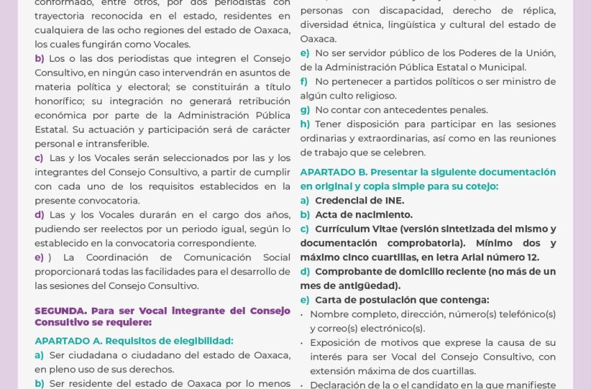  Convocan a personas reporteras a fungir como vocales del Consejo Consultivo del Seguro Social de Periodistas de Oaxaca 2024